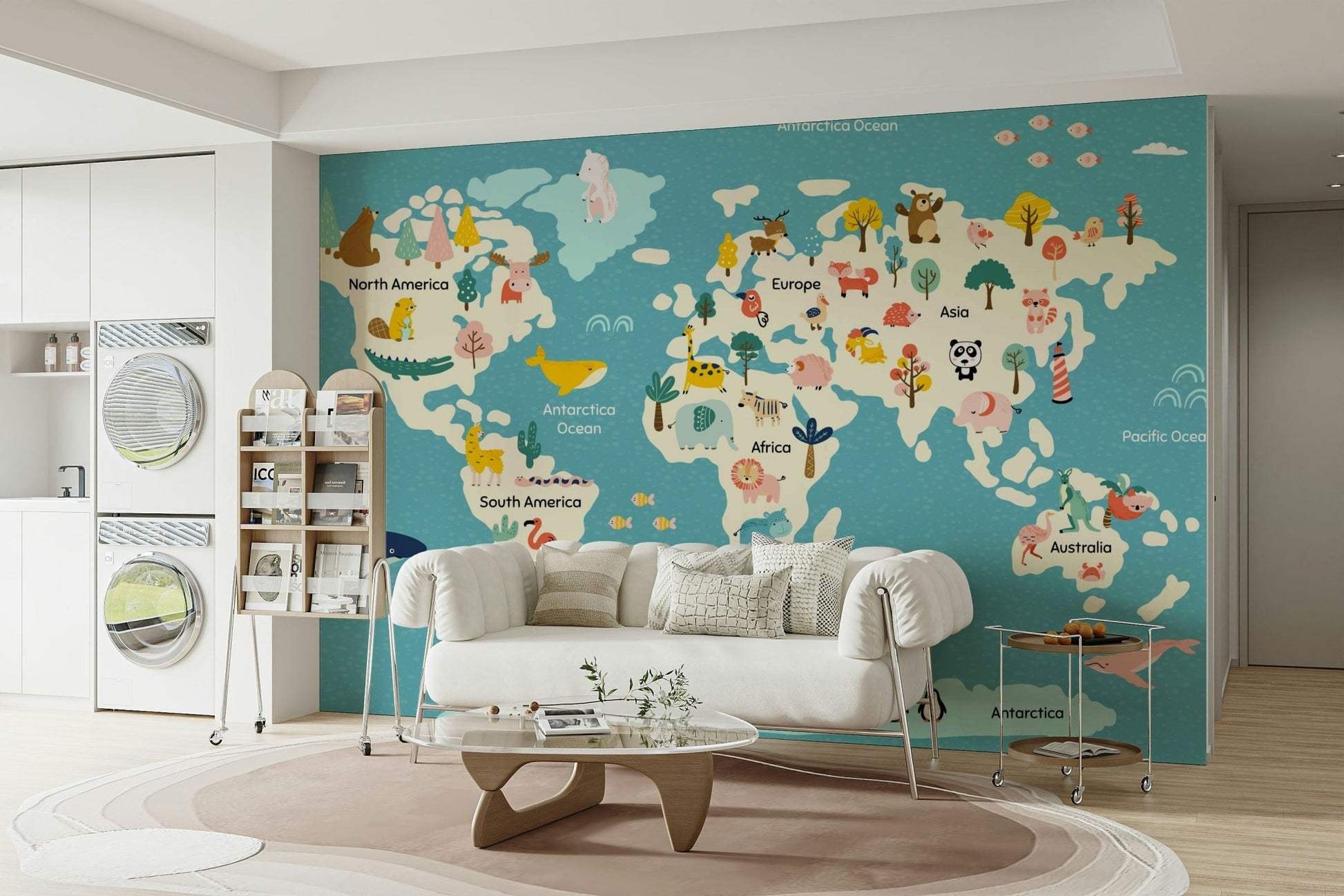 Modern world map wallpaper with grey continents and vibrant animal icons.