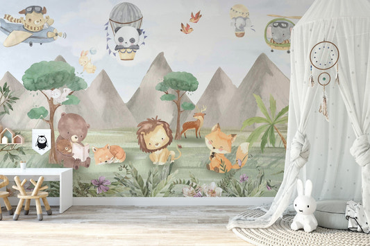 Adventure sky wall mural wallpaper with panda and elephant balloons.