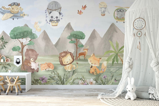 Adventure sky wall mural wallpaper with panda and elephant balloons.