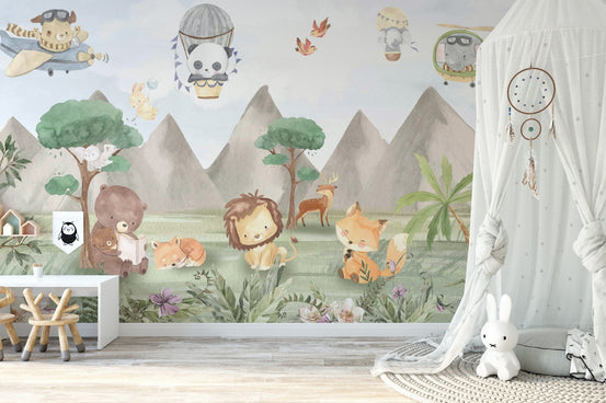 Adventure sky wall mural wallpaper with panda and elephant balloons.