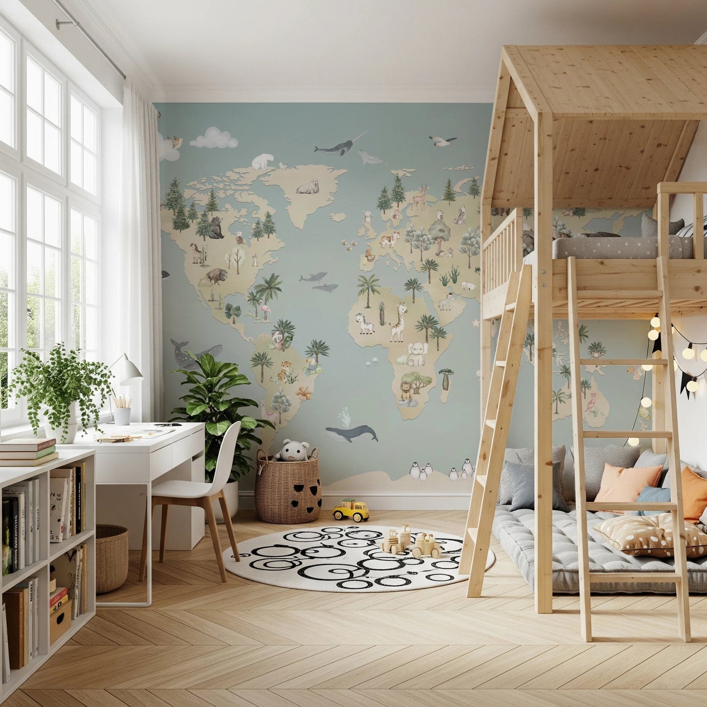 Study space with white desk and wooden chair against a atlas wall mural.