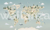 Kids room with blue large world map wall mural.
