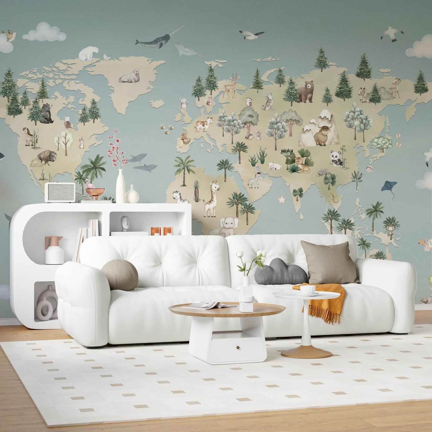Modern living room featuring a white sofa and blue atlas wall mural.