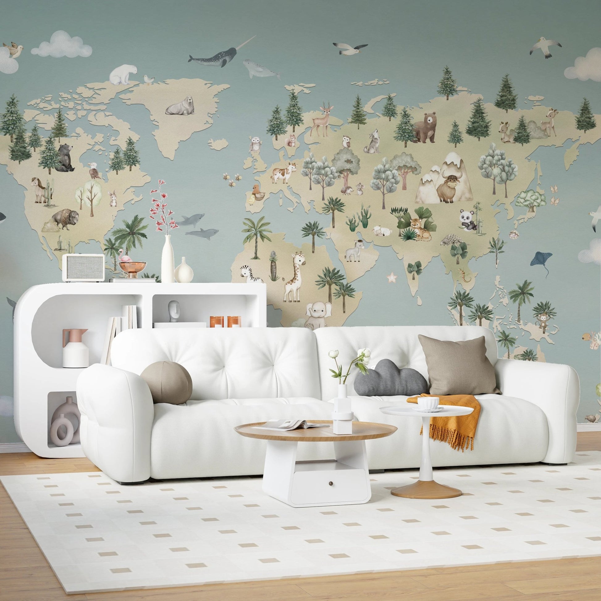 Modern living room featuring a white sofa and blue atlas wall mural.