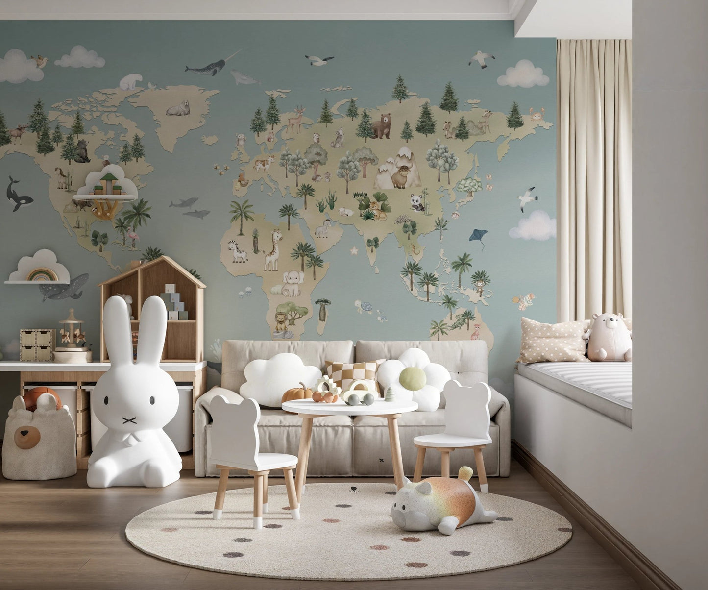 Minimalist playroom featuring a white rabbit chair and blue world map wall mural.