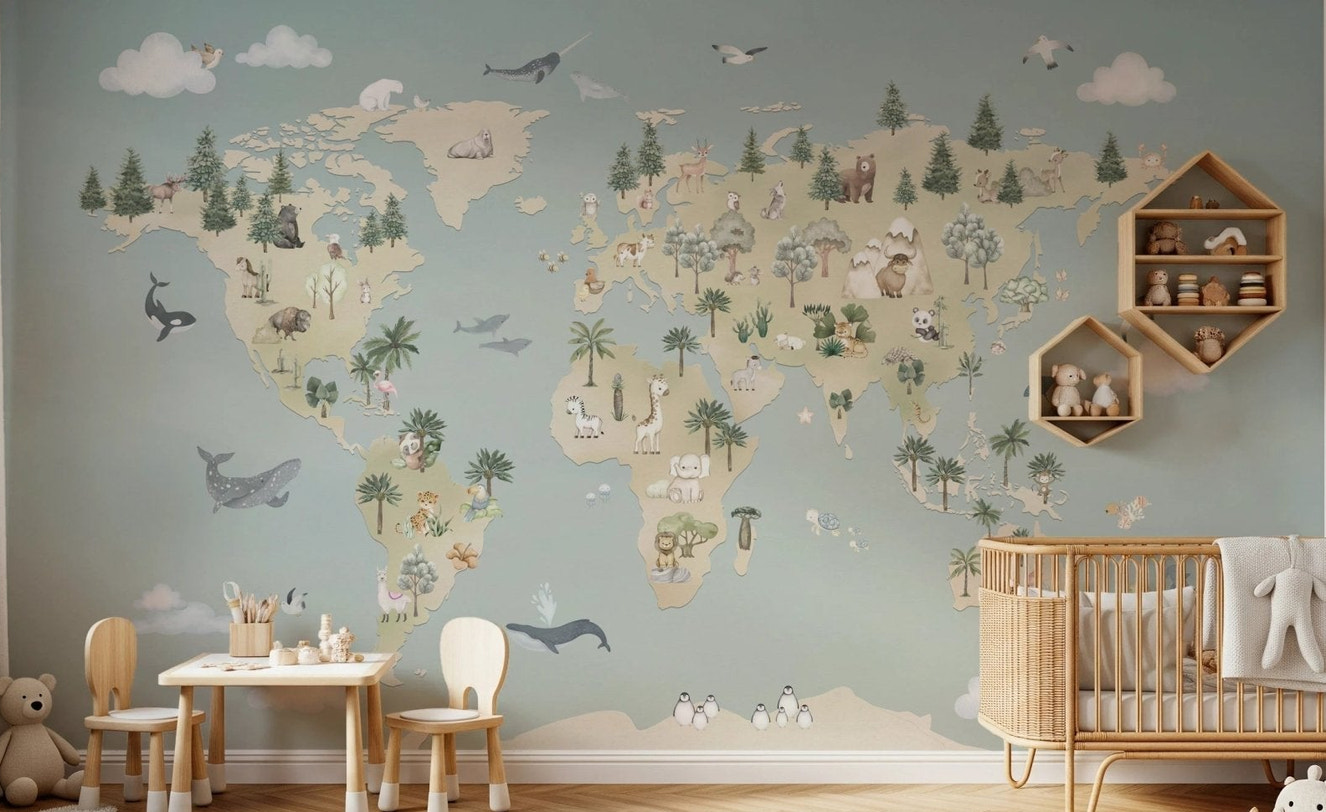 Playroom with a animal atlas blue wall mural and continents.