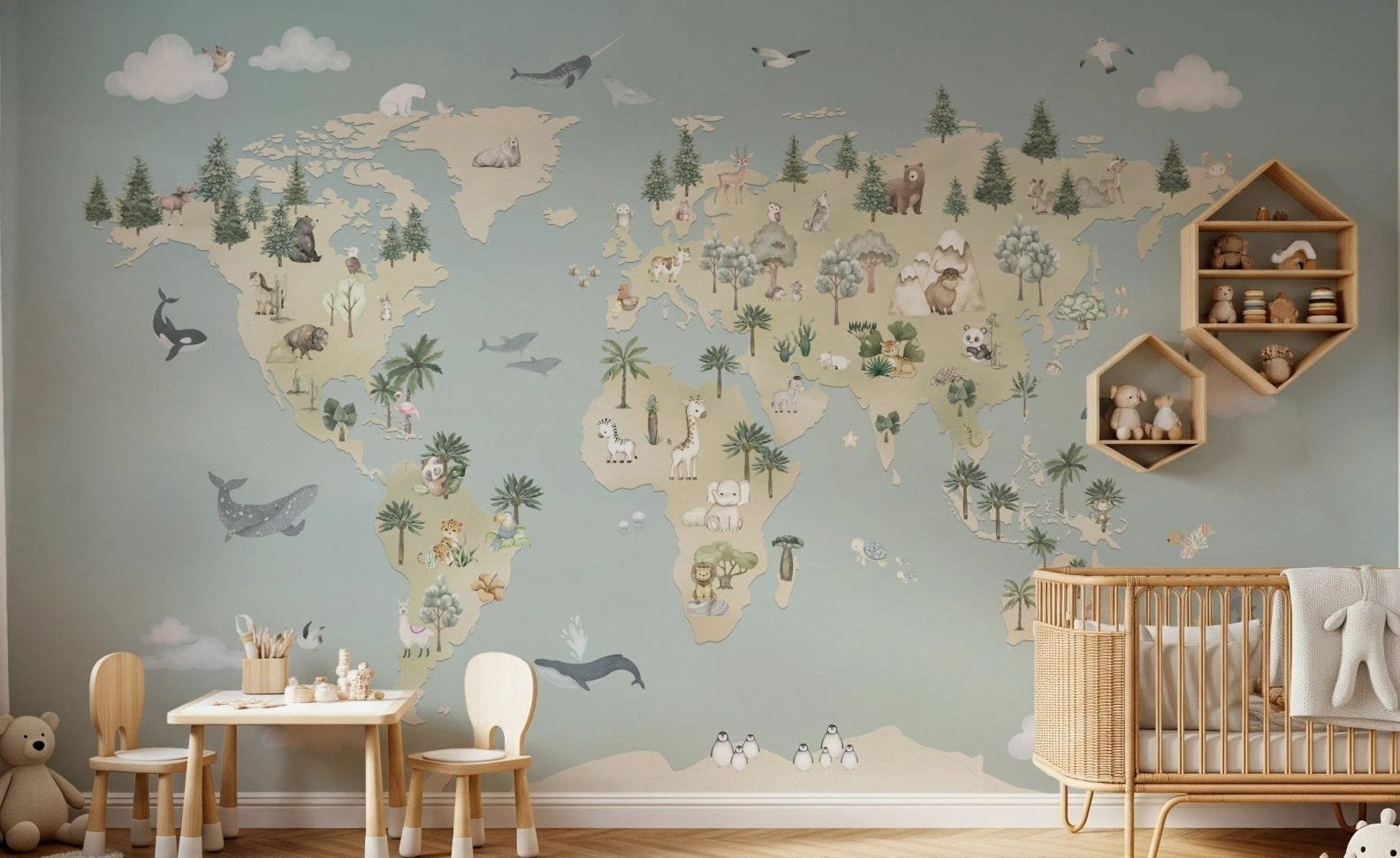 Playroom with a wooden loft bed and animal atlas blue wall mural.