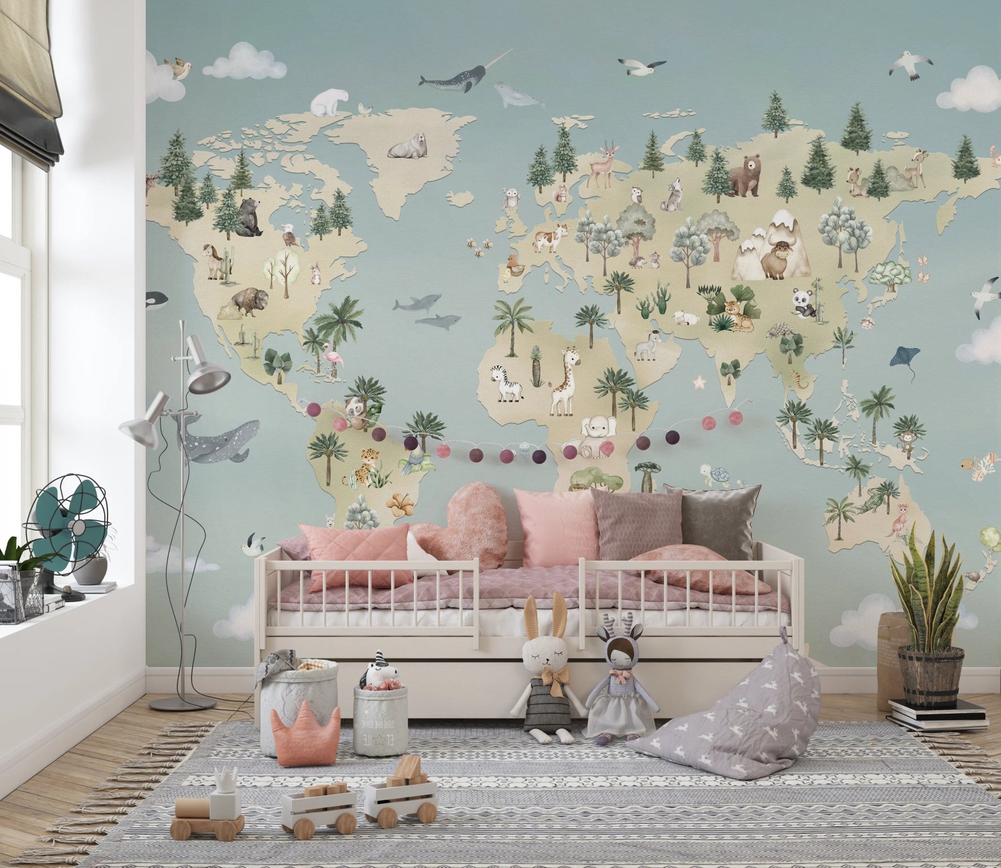 Bedroom with a wooden bed frame and animal world map wall mural.