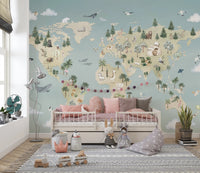 Bedroom with a wooden bed frame and animal world map wall mural.