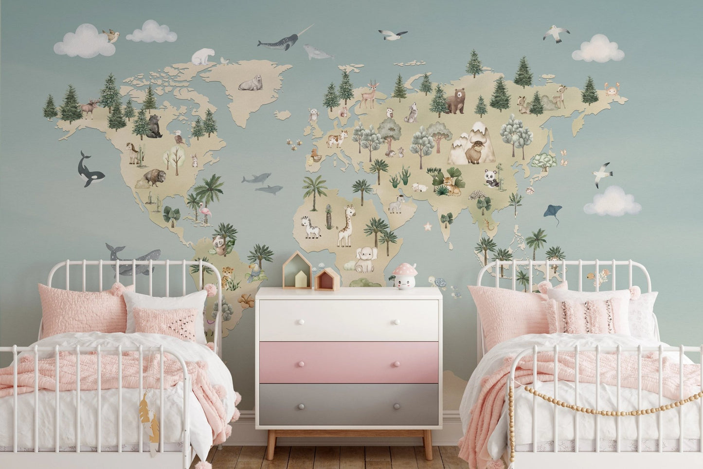 Kids shared bedroom with two white metal beds and Animal Atlas Blue wall mural.