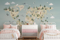 Kids shared bedroom with two white metal beds and Animal Atlas Blue wall mural.