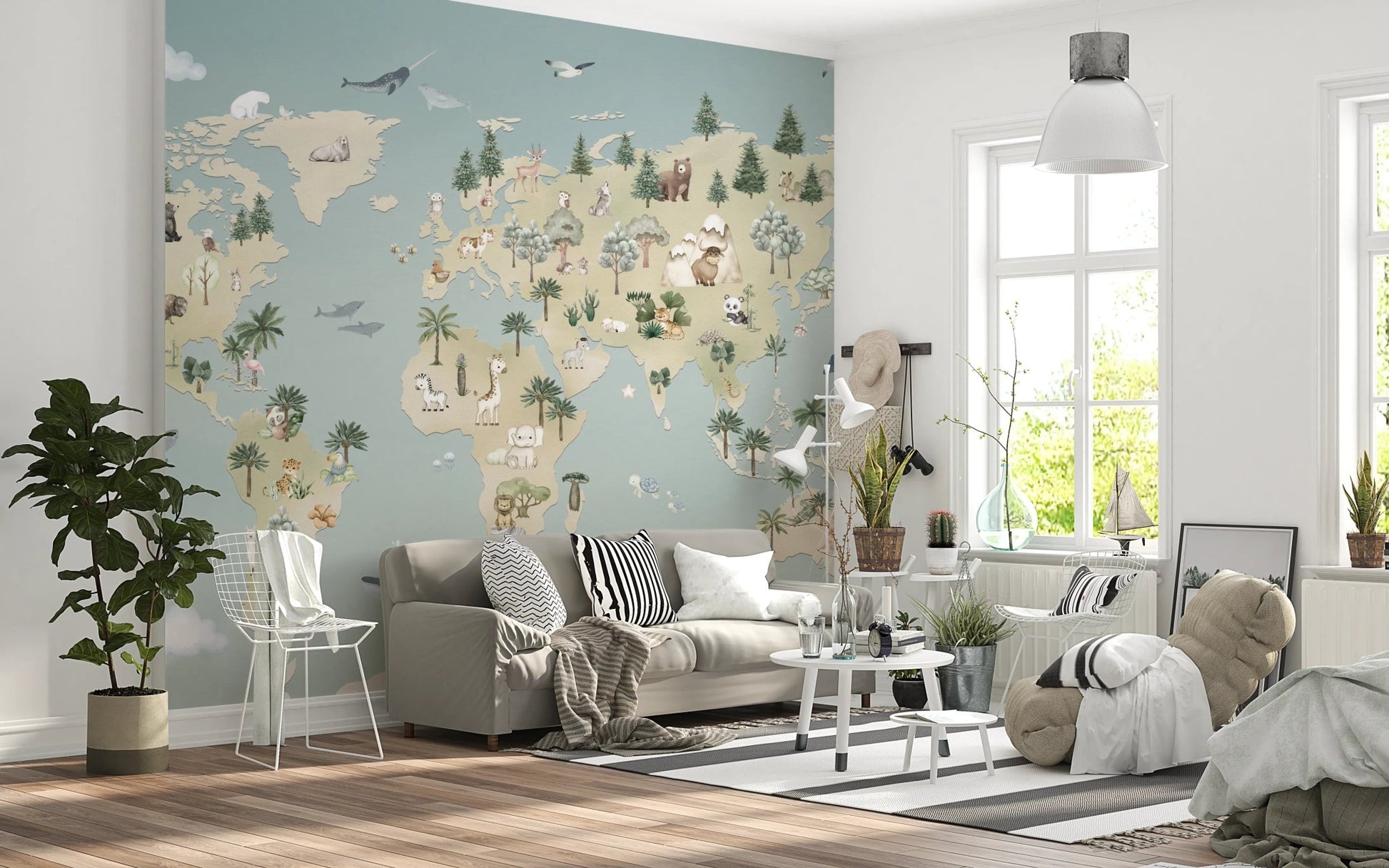 Bright living room with a grey sofa and animal atlas blue wall mural.