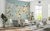 Bright living room with a grey sofa and animal atlas blue wall mural.