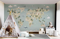 Kids play tent and storage bins in front of a blue atlas wall mural.