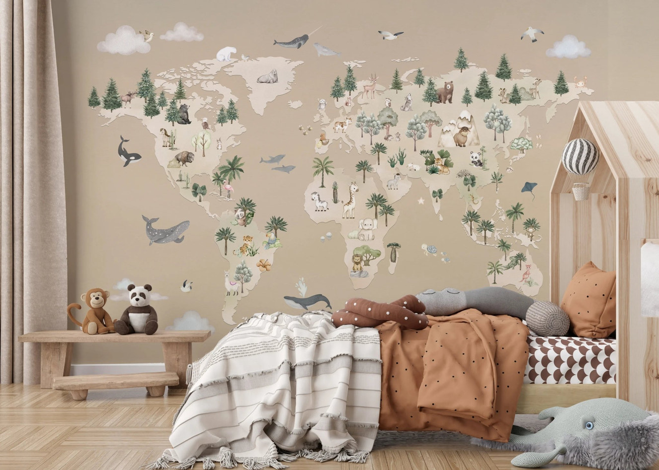Kids bedroom with Animal Atlas Brown Wall Mural featuring world map and trees.
