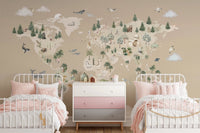 Shared bedroom with two pink beds and a large brown animal atlas wall mural.