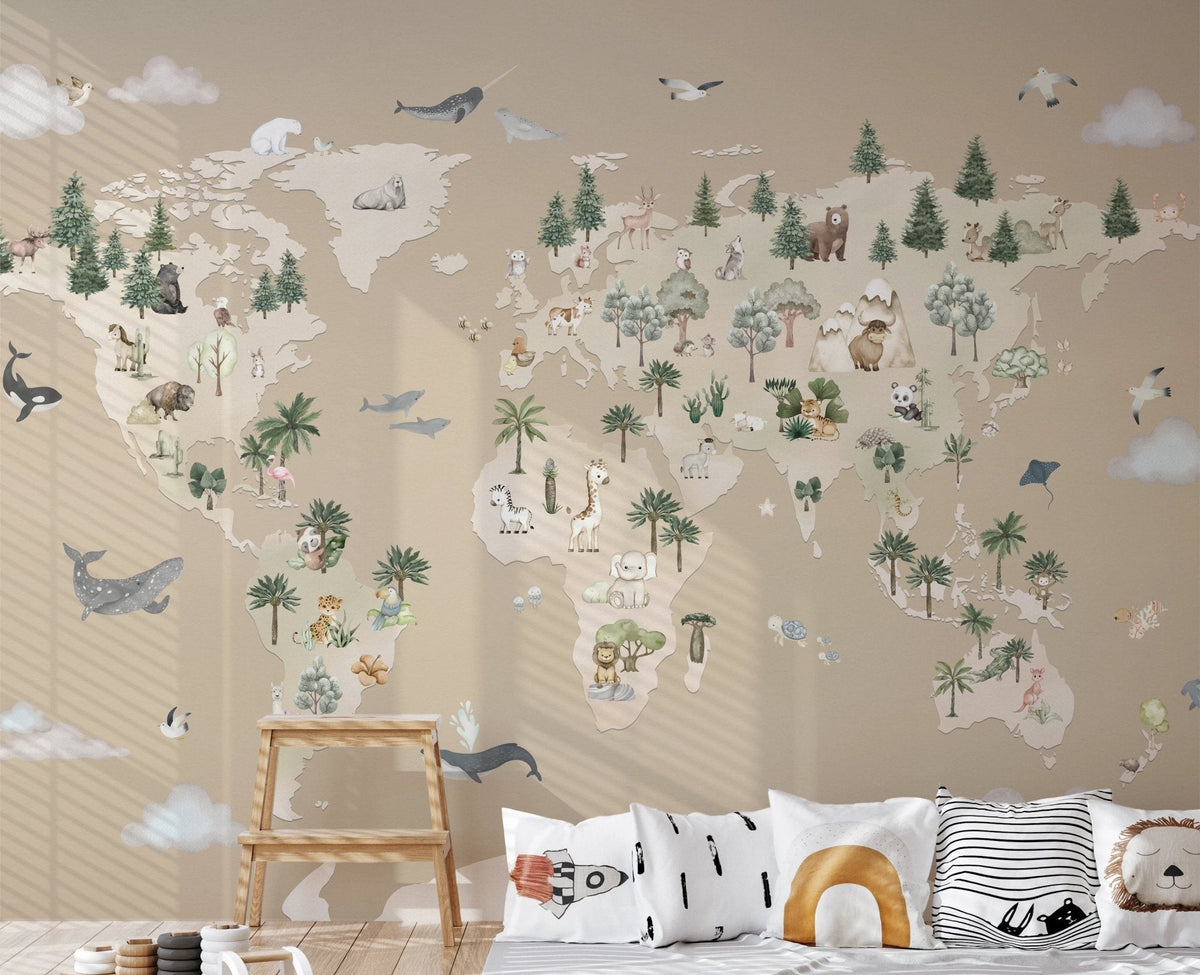 Nursery for children with a detailed animal atlas wall mural design.