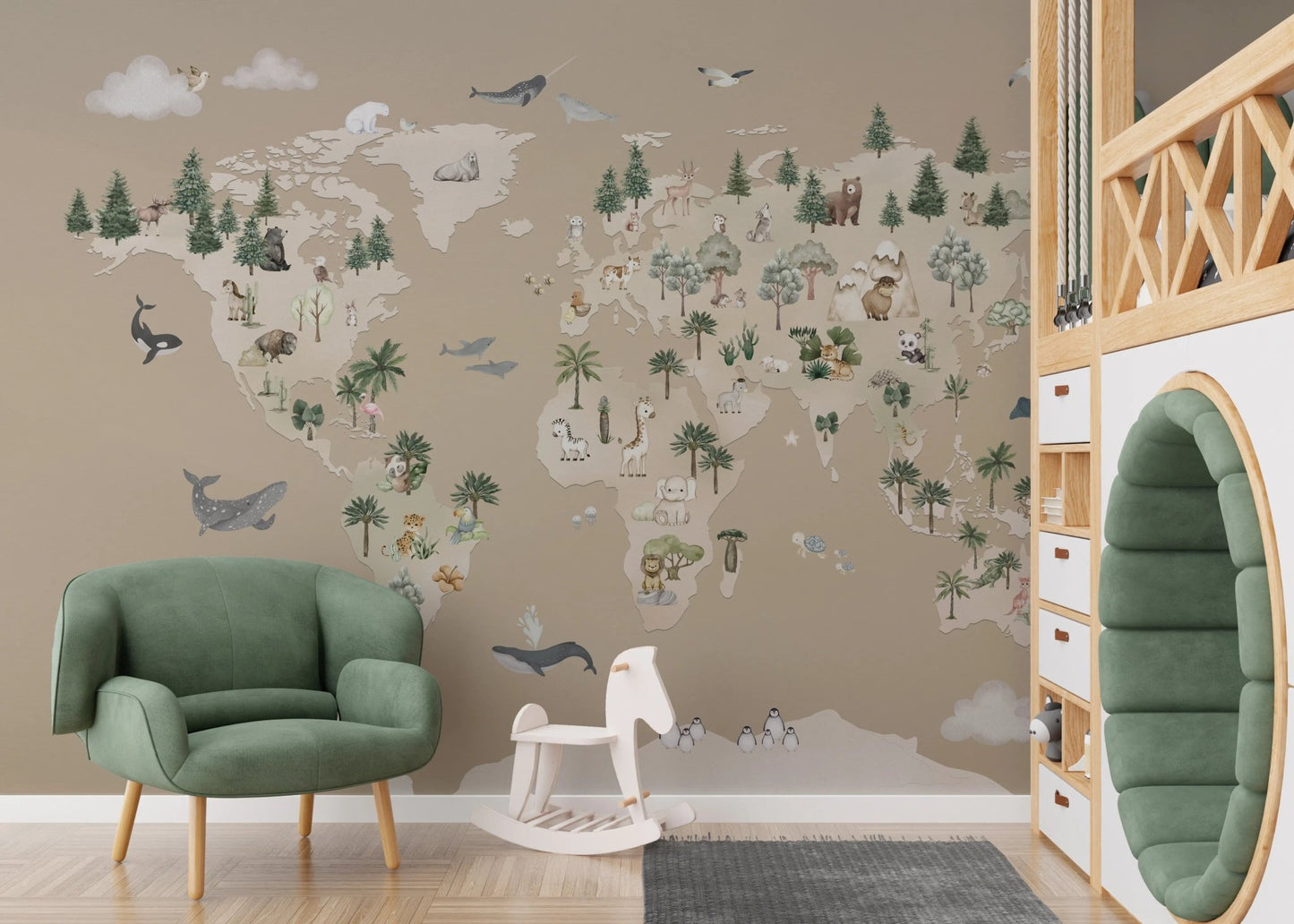 Animal Atlas Brown Wall Mural in a modern nursery with a green armchair.