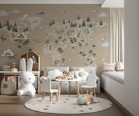 Gender-neutral room featuring a brown world map wall mural with mountain sketches.