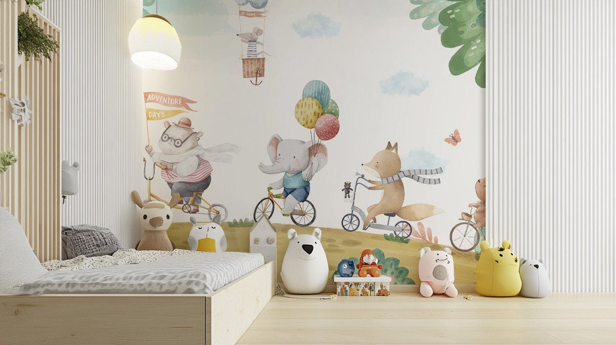 Pastel animal bicycle wallpaper mural with soft sky colors.