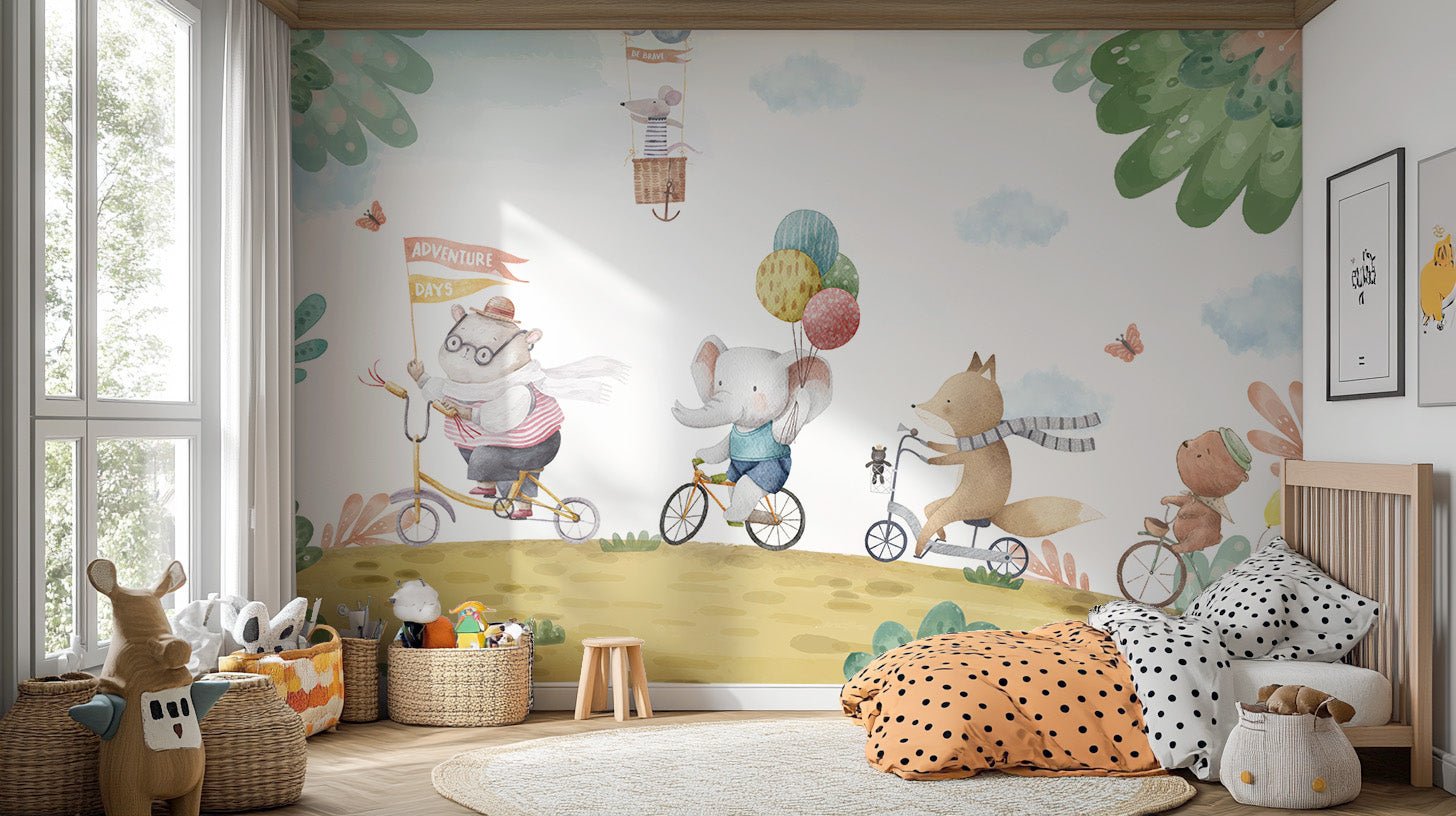 Animal bicycle ride wall mural with watercolor forest scene.