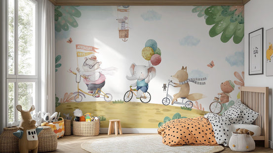 Animal bicycle ride wall mural with watercolor forest scene.