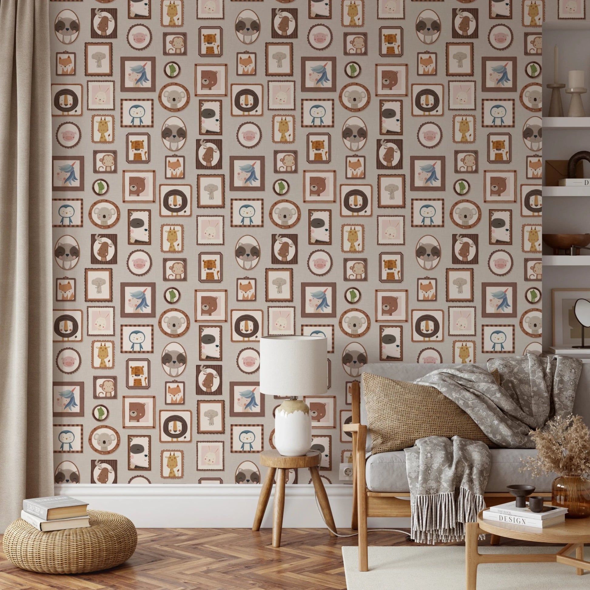 Playful repeating pattern of animal photography wallpaper murals.