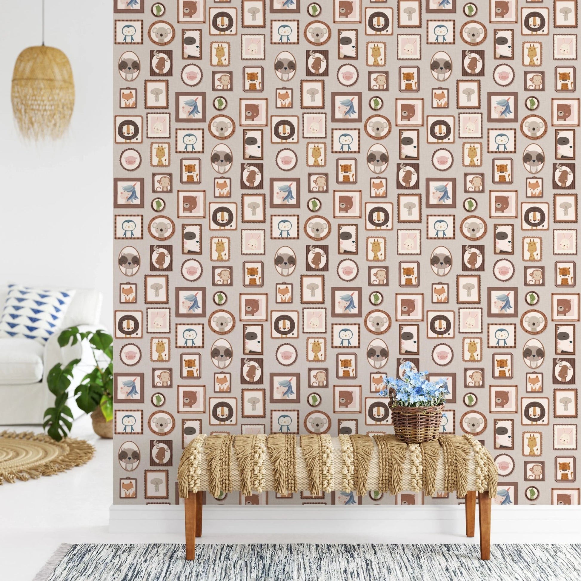 Whimsical menagerie of framed creatures for wall murals.