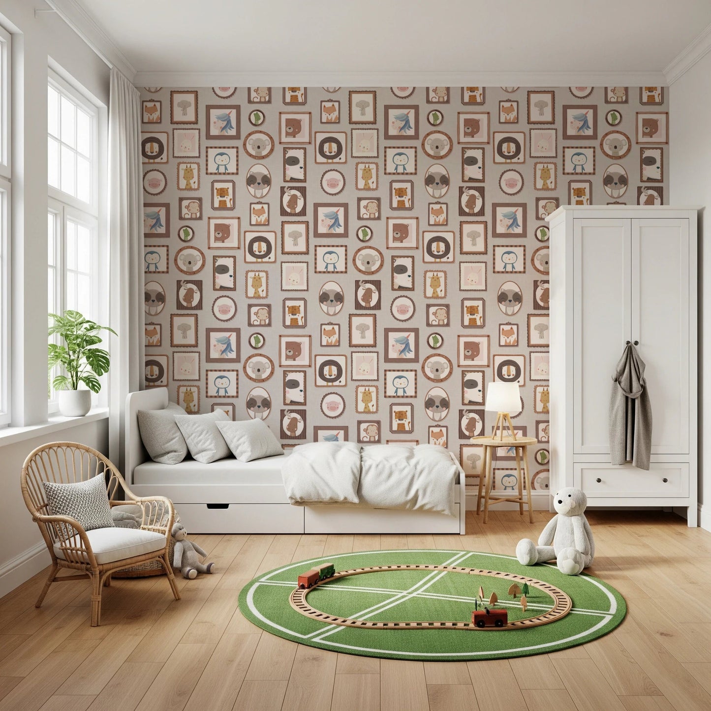 Artistic grid of charming animal illustrations wall murals.