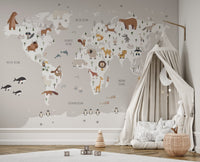 Gray world map mural featuring animals for wall decor
