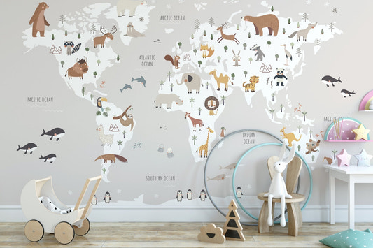 Animal world map design mural in subtle gray tones for nursery walls.
