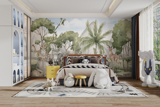 Animal kingdom wallpaper mural with tiger, panda, and forest scene.