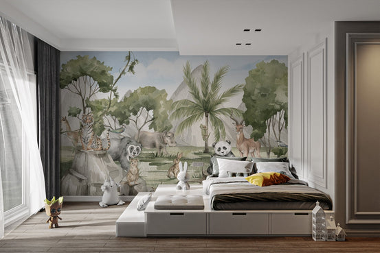 Watercolor wildlife wall mural with bear, deer, and palm trees.