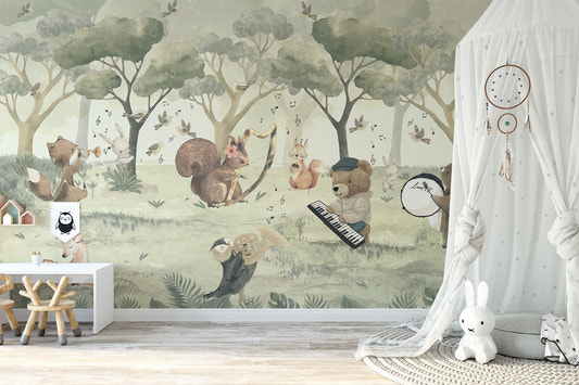 Animal orchestra nursery wall mural forest music wallpaper.