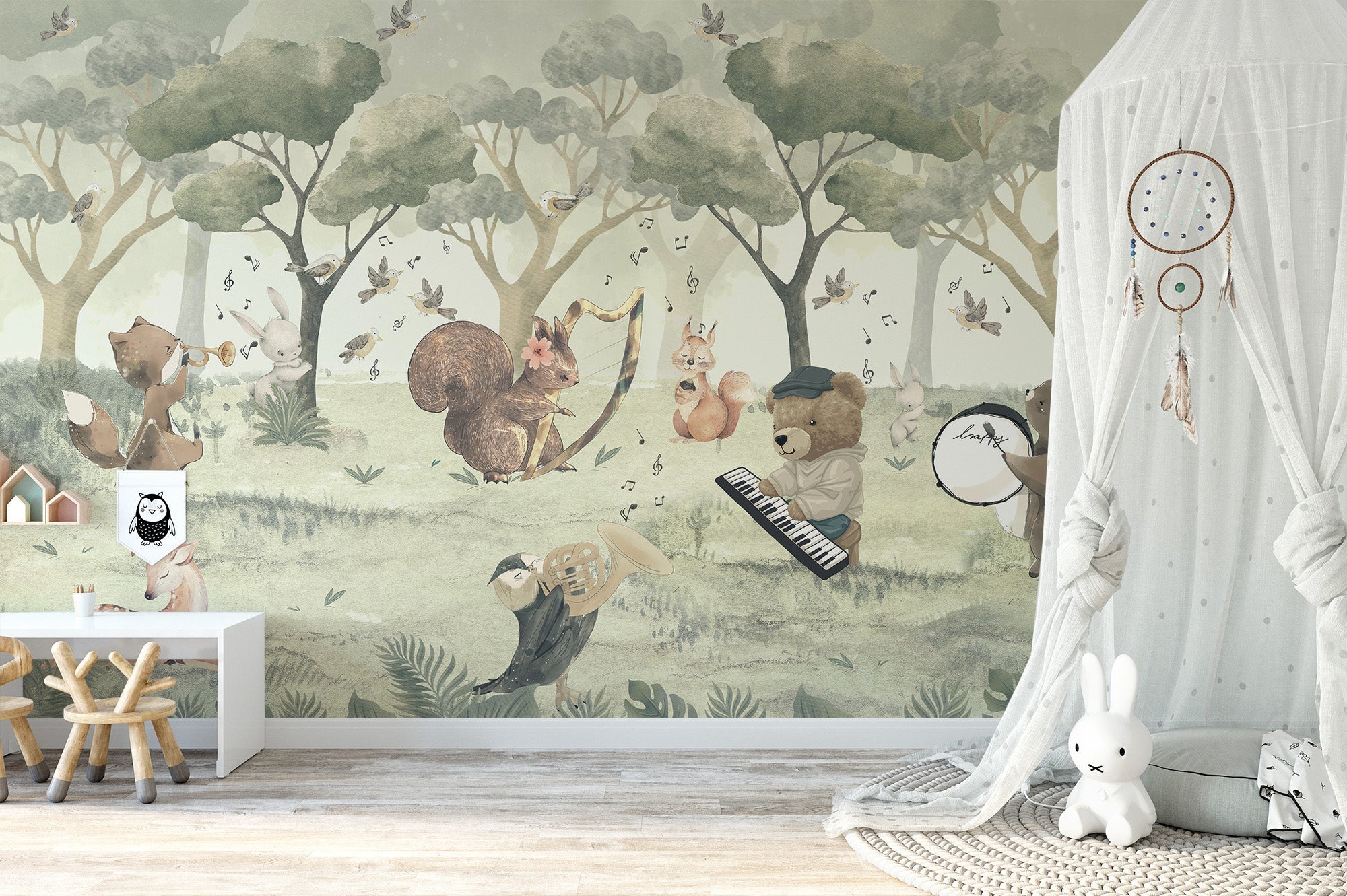 Animal orchestra nursery wall mural forest music wallpaper.