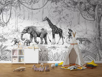 Animal Parade Black and White Wall Mural - Wallanza