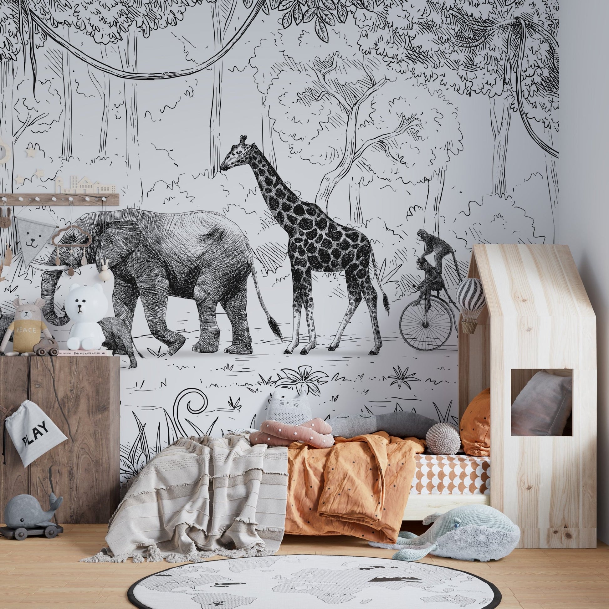 Animal Parade Black and White Wall Mural - Wallanza