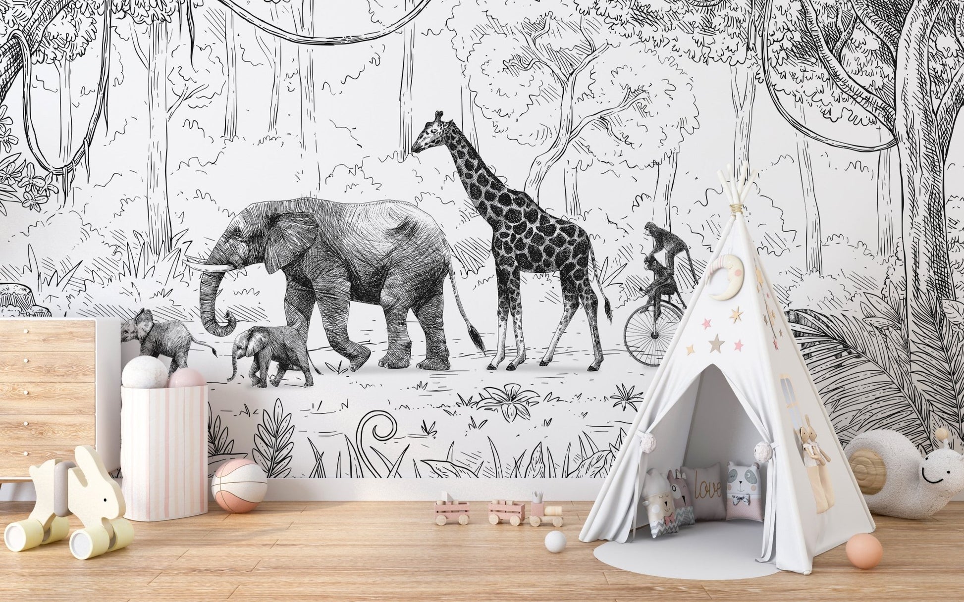 Animal Parade Black and White Wall Mural - Wallanza