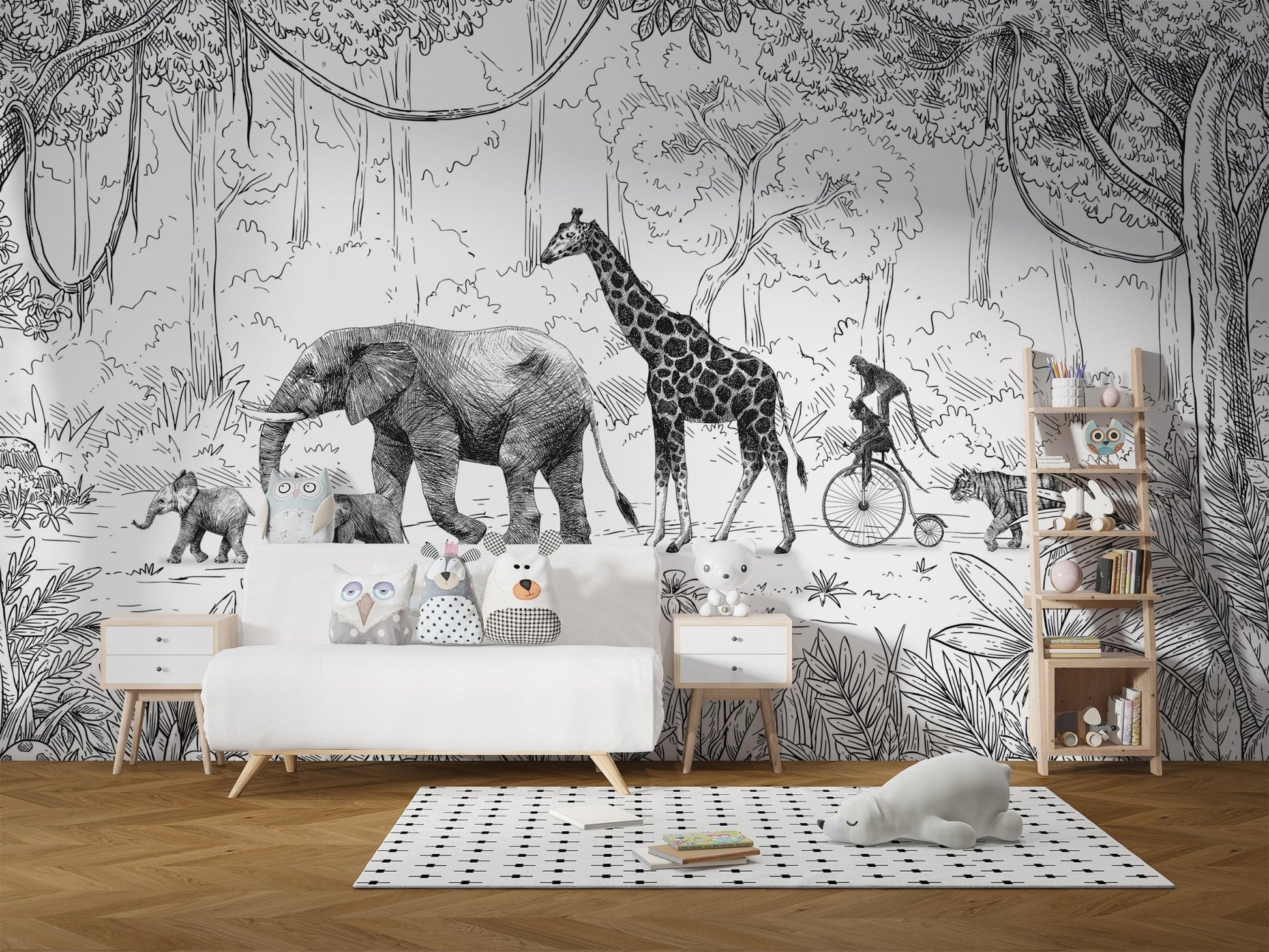 Animal Parade Black and White Wall Mural - Wallanza