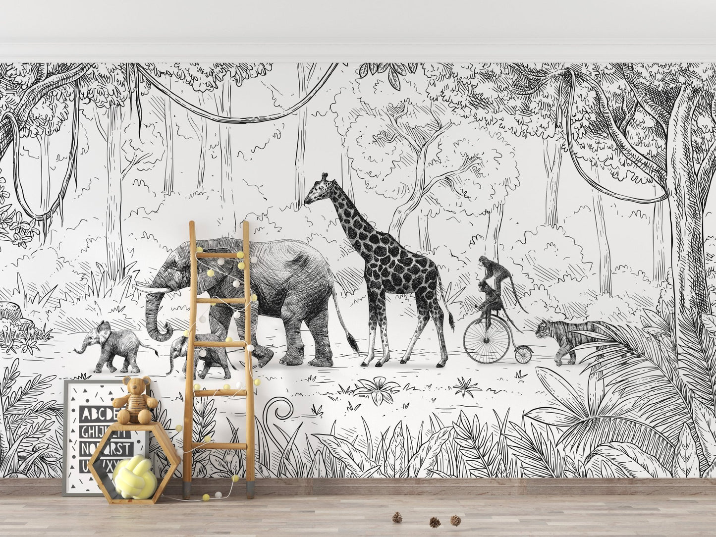 Animal Parade Black and White Wall Mural - Wallanza