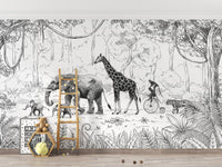 Animal Parade Black and White Wall Mural - Wallanza
