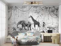 Animal Parade Black and White Wall Mural - Wallanza