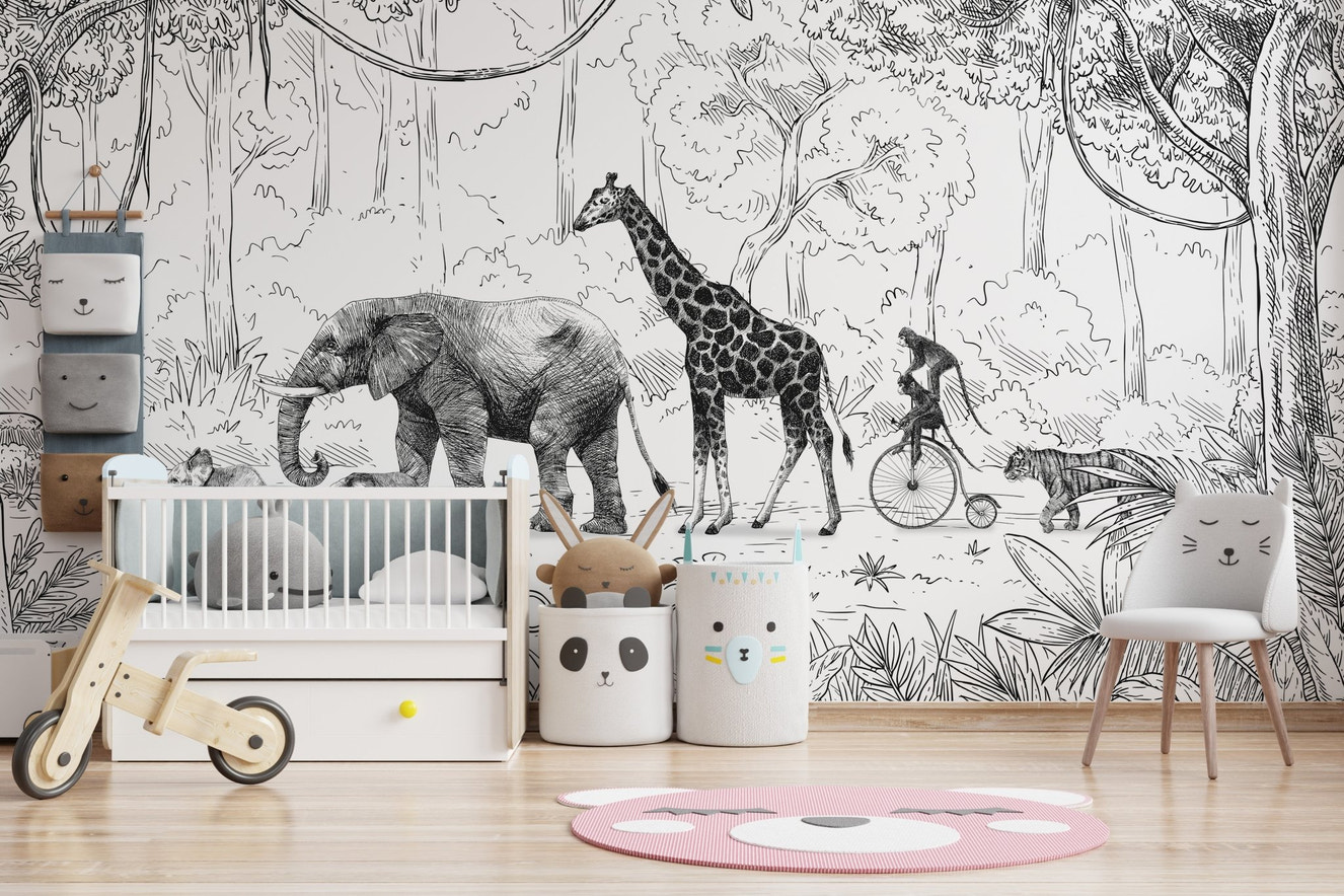 Animal Parade Black and White Wall Mural - Wallanza