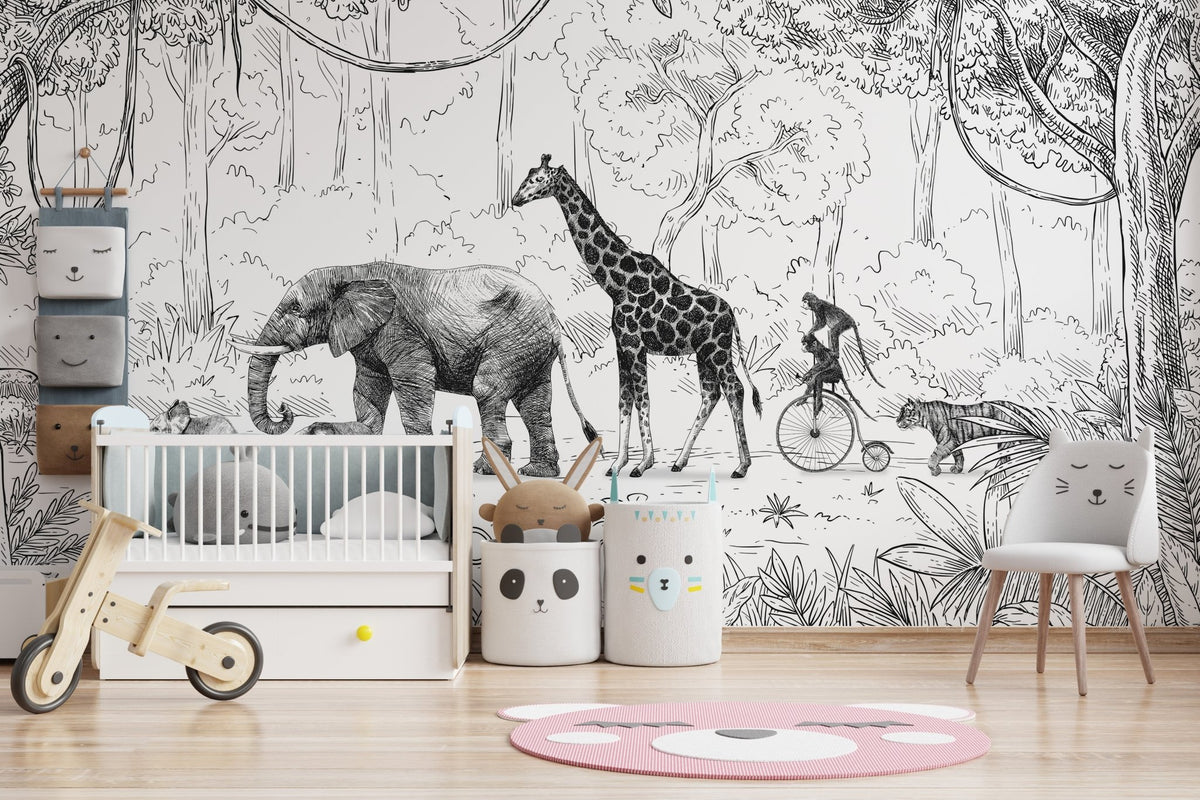Ink sketch animal parade black and white wall mural with safari animals.