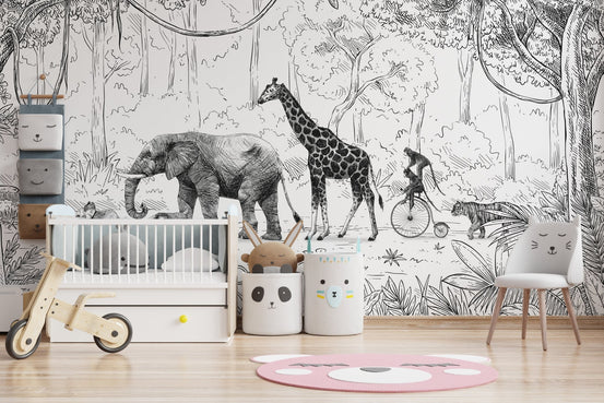 Ink sketch animal parade black and white wall mural with safari animals.