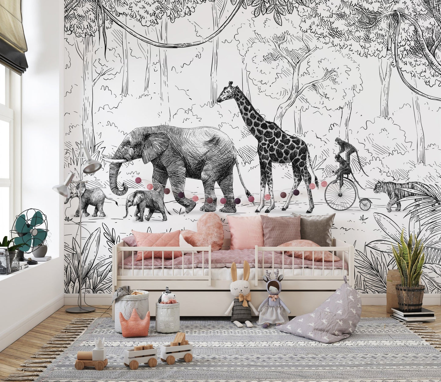 Animal Parade Black and White Wall Mural - Wallanza