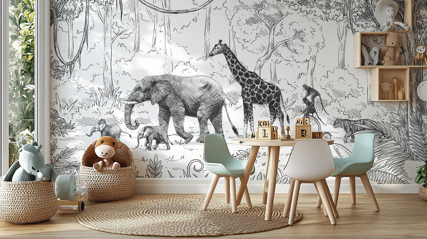 Animal Parade Black and White Wall Mural - Wallanza