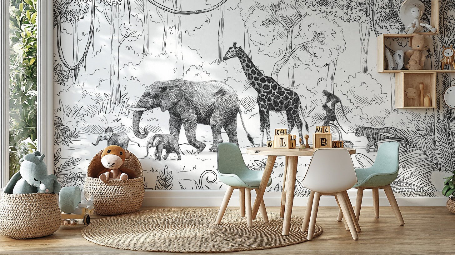 Animal Parade Black and White Wall Mural - Wallanza