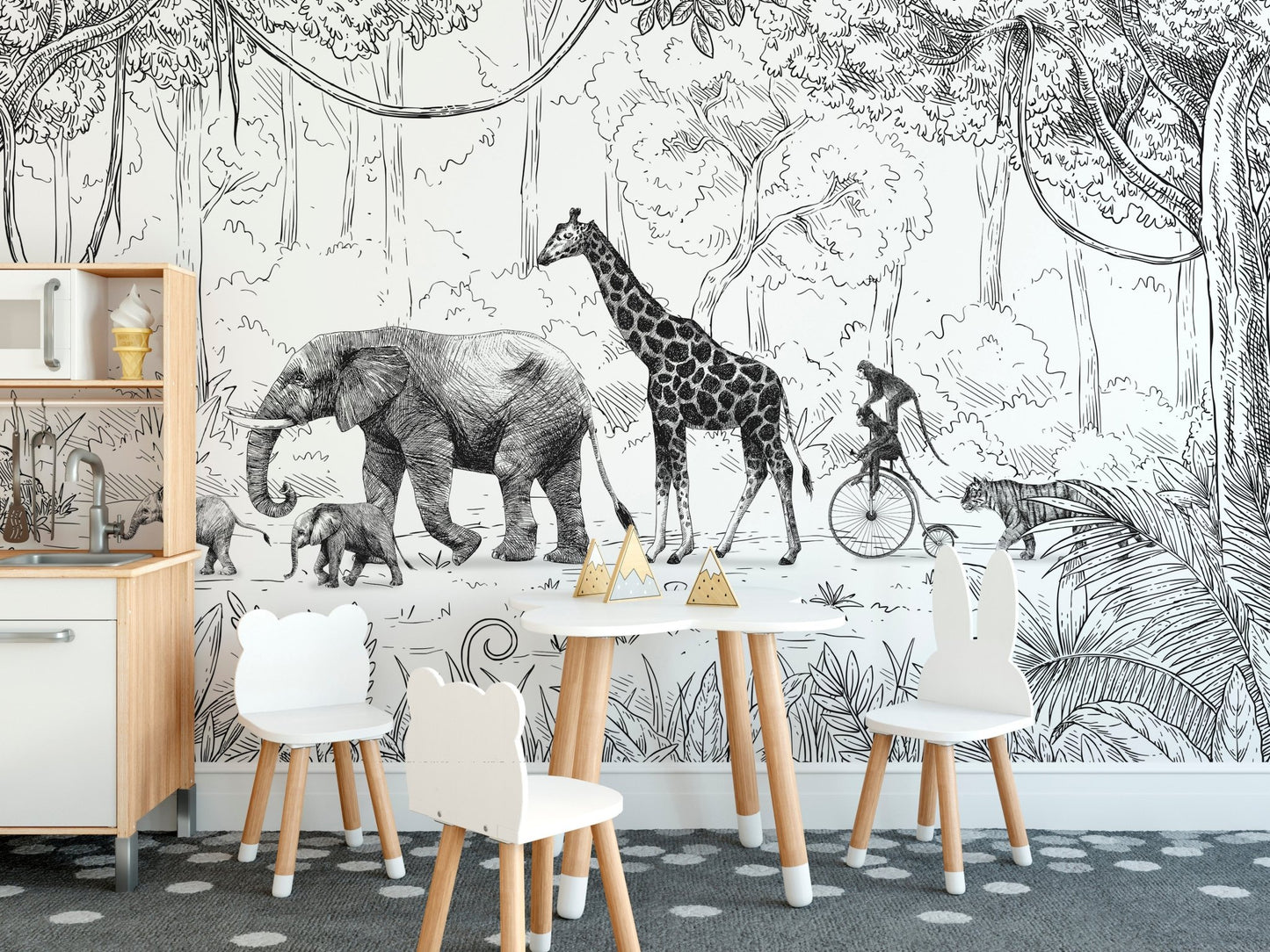 Animal Parade Black and White Wall Mural - Wallanza