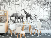 Animal Parade Black and White Wall Mural - Wallanza
